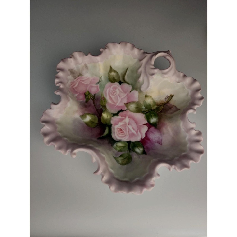 Beautiful Porcelain Hand Painted Victorian Roses Flowers Nappy Dish Pink  Signed